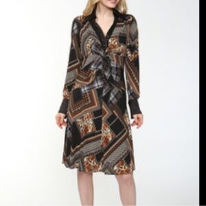 Frank Lyman Long Sleeve Art Deco Collared Embellished Patchwork Midi Dress